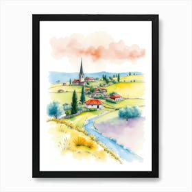 Watercolor Landscape With Village Art Print