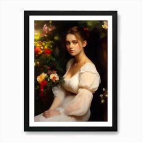 Portrait Of A Young Woman in a garden of flowers wearing an edwardian victorian white dress beautiful portrait Art Print