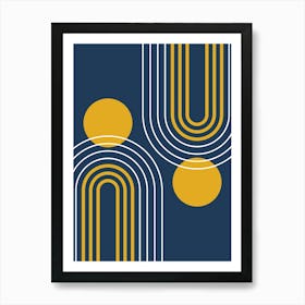 Mid Century Modern Geometric B35 In Navy Blue And Mustard Yellow (Rainbow And Sun Abstract) 01 Art Print