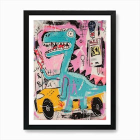 Abstract Graffiti Pink Dinosaur In A Car Art Print