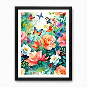 Flower And Butterflies Art Print