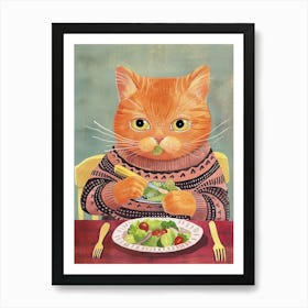 Cute Brown Cat Eating Salad Folk Illustration 2 Art Print