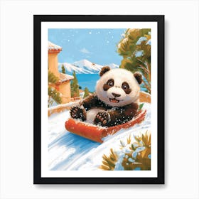 Giant Panda Cub Sledding Down A Snowy Hill Storybook Illustration 3 Art Print