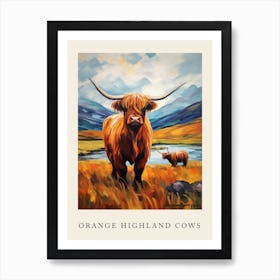 Orange Brushstrokes Of Highland Cows Art Print