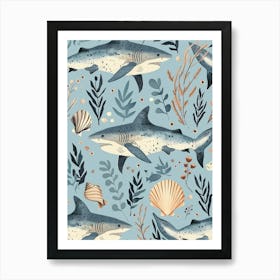 Pastel Blue Nurse Shark Watercolour Seascape Pattern 1 Art Print