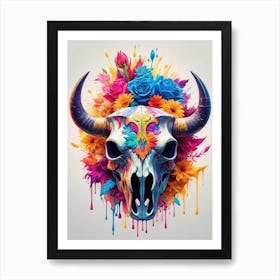 Floral Bull Skull Neon Iridescent Painting (13) Art Print