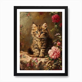 Kitten With Pink Flowers Rococo Inspired 3 Art Print