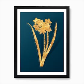 Vintage Narcissus Easter Flower Botanical in Gold on Teal Blue n.0265 Art Print