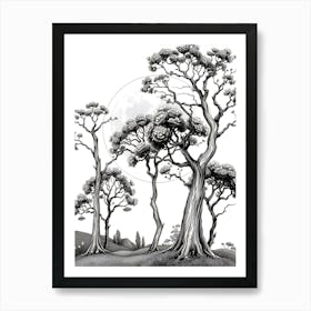 Black And White Drawing Of Trees Art Print