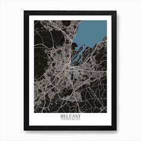 Belfast Black Blue Map Art Print