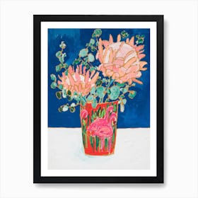Proteas In Enamel Flamingo Vase Art Print