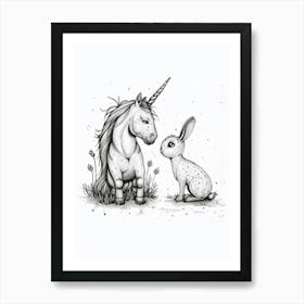 Unicorn And Bunny Friends Black And White Doodle 2 Art Print