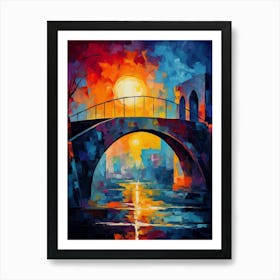 Old Stone Bridge at Sunset, Abstract Vibrant Colorful Painting in Van Gogh Style Art Print