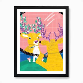 Deer Cleaning His Teeth In Front Of A Mirror Art Print