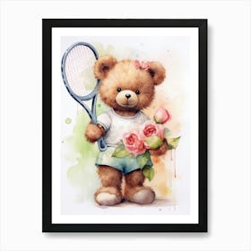 Tennis Teddy Bear Painting Watercolour 2 Art Print
