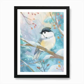 Chickadee Bird on a Snowy Branch Art Print
