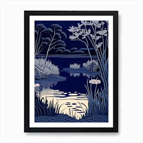 Pond Waterscape Linocut 1 Art Print
