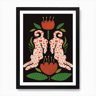 Red Leopard Folk Design  Art Print