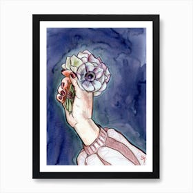 Watercolor Floral Painting Woman Holding a Bouquet of Anemones in Hand Art Print