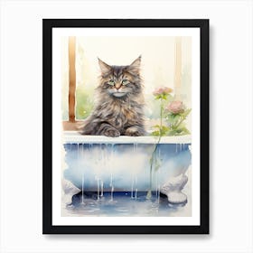 Maine Coon Cat In Bathtub Botanical Bathroom 1 Art Print