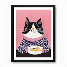 Black And White Cat Eating Pizza Folk Illustration 3 Art Print