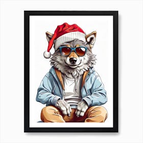 Wolf Christmas Hat Art Print