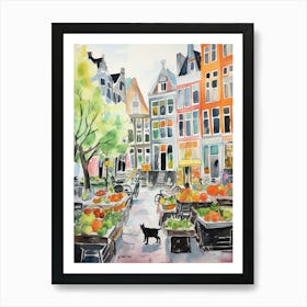 Food Market With Cats In Amsterdam 1 Watercolour Art Print