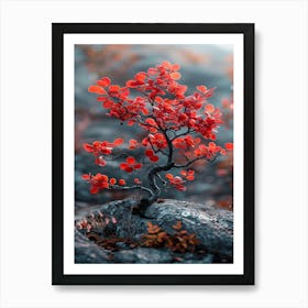 Red Tree On A Rock Art Print