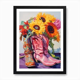 Oil Painting Of Sunflower Flowers And Cowboy Boots, Oil Style 3 Art Print