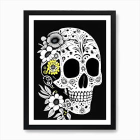 Skull With Floral Patterns Yellow Doodle Art Print