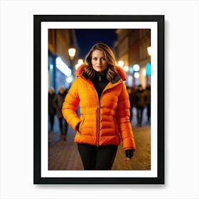 Woman in down jacket, walking in luminous city at night 4 Art Print