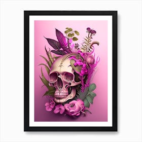 Skull With Steampunk Details 2 Pink Botanical Art Print