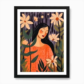 Woman With Autumnal Flowers Moonflower 1 Art Print