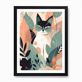 Jungle Cat With Leaves and Flowers Art Print