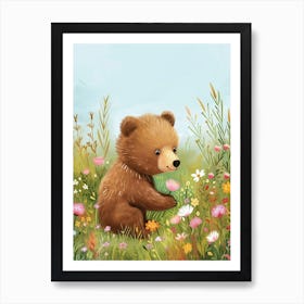 Brown Bear Cub In A Field Of Flowers Storybook Illustration 3 Art Print