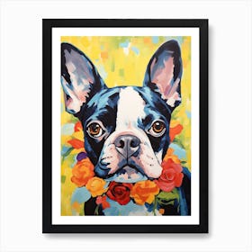 Boston Terrier Portrait With A Flower Crown, Matisse Painting Style 4 Art Print