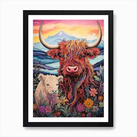 Colourful Illustration Of Highland Cow With Calf At Sunset Art Print
