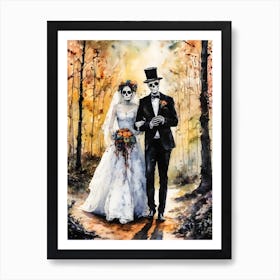 The Happy Couple ~ Goth Skull Skeleton Wedding Fairytale Watercolour  Art Print