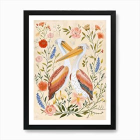 Folksy Floral Animal Drawing Pelican Art Print