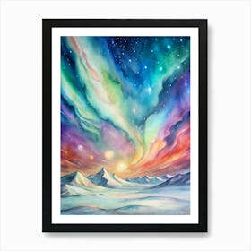 A Poster Of A Colorful Aurora Dancing Over A Snowy (1) Art Print