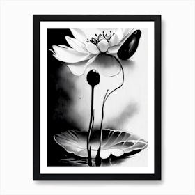 Lotus And Butterfly 1 Symbol Black And White Painting Art Print