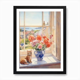 Cat With Gladiolus Flowers Watercolor Mothers Day Valentines 2 Art Print