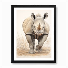 Vintage Rhino Walking Illustration  2 Art Print