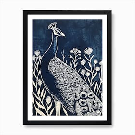 Navy & Cream Linocut Inspired Peacock In The Plants 2 Art Print