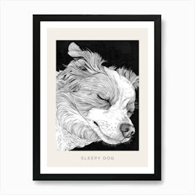 Sleepy Dog Line Art Black Background Poster Art Print