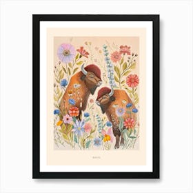 Folksy Floral Animal Drawing Bison 3 Poster Art Print