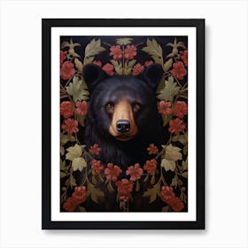 Black Bear Portrait With Rustic Flowers 0 Art Print