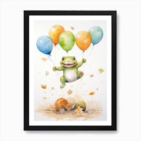 Frog Flying With Autumn Fall Pumpkins And Balloons Watercolour Nursery 3 Art Print
