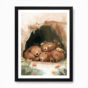 Sloth Bear Family Sleeping In A Cave Storybook Illustration 2 Art Print
