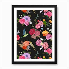 Roses Birds Black Art Print